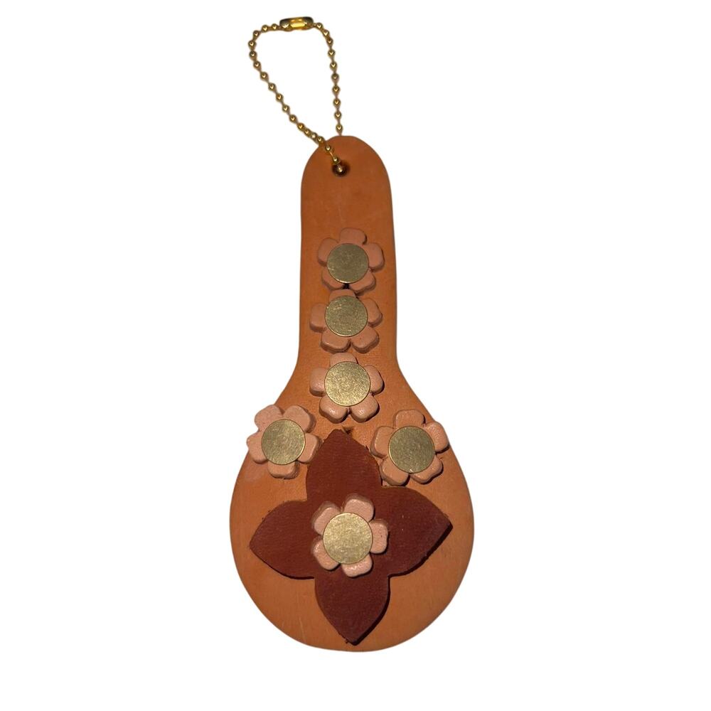 Repurposed Designer Leather Keychain Teardrop Style  Handmade Floral Bag Charm